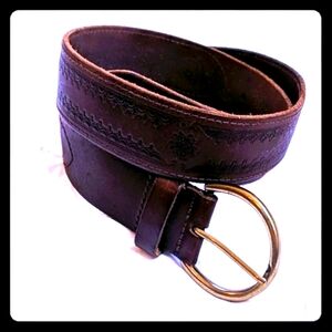 Vintage Brown Leather Belt with Flower Detail